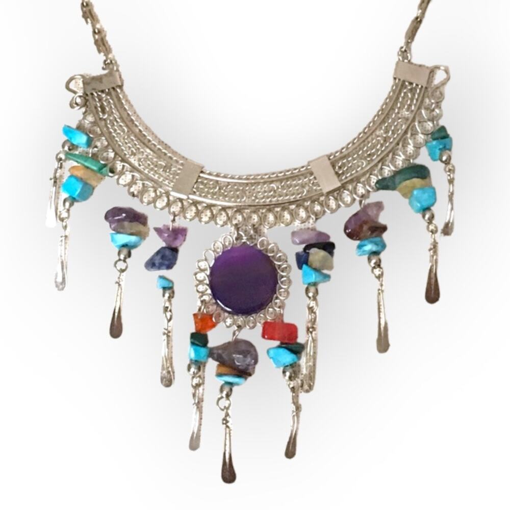 Bohemian hand-made silver tone and purple stone necklace and earring set